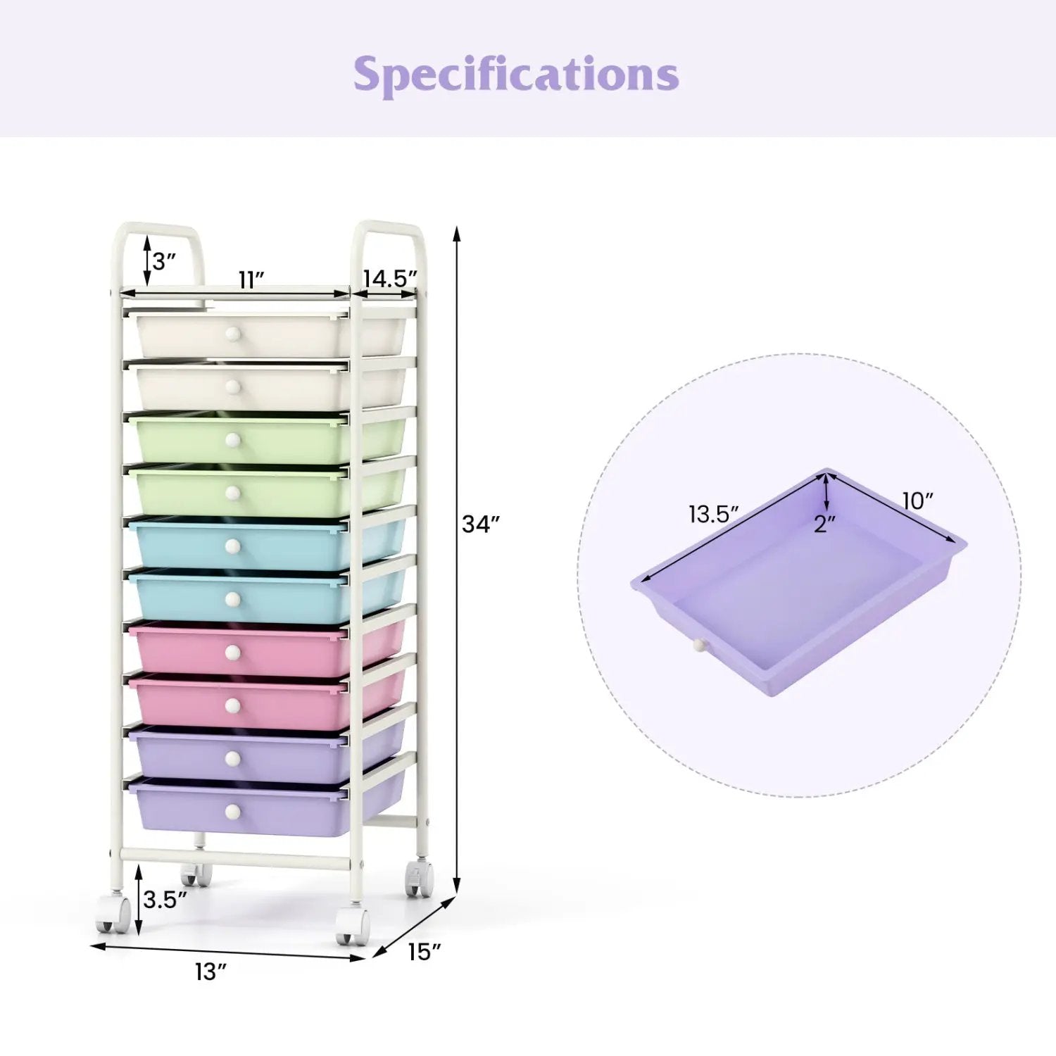 10 Drawer Rolling Storage Cart with Locking Wheels by DirectDeals