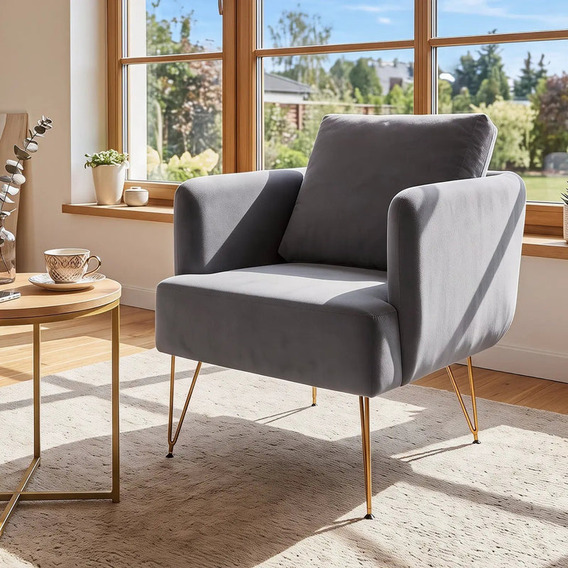 Velvet Accent Chair with Back Cushion and Golden Metal Legs by DirectDeals