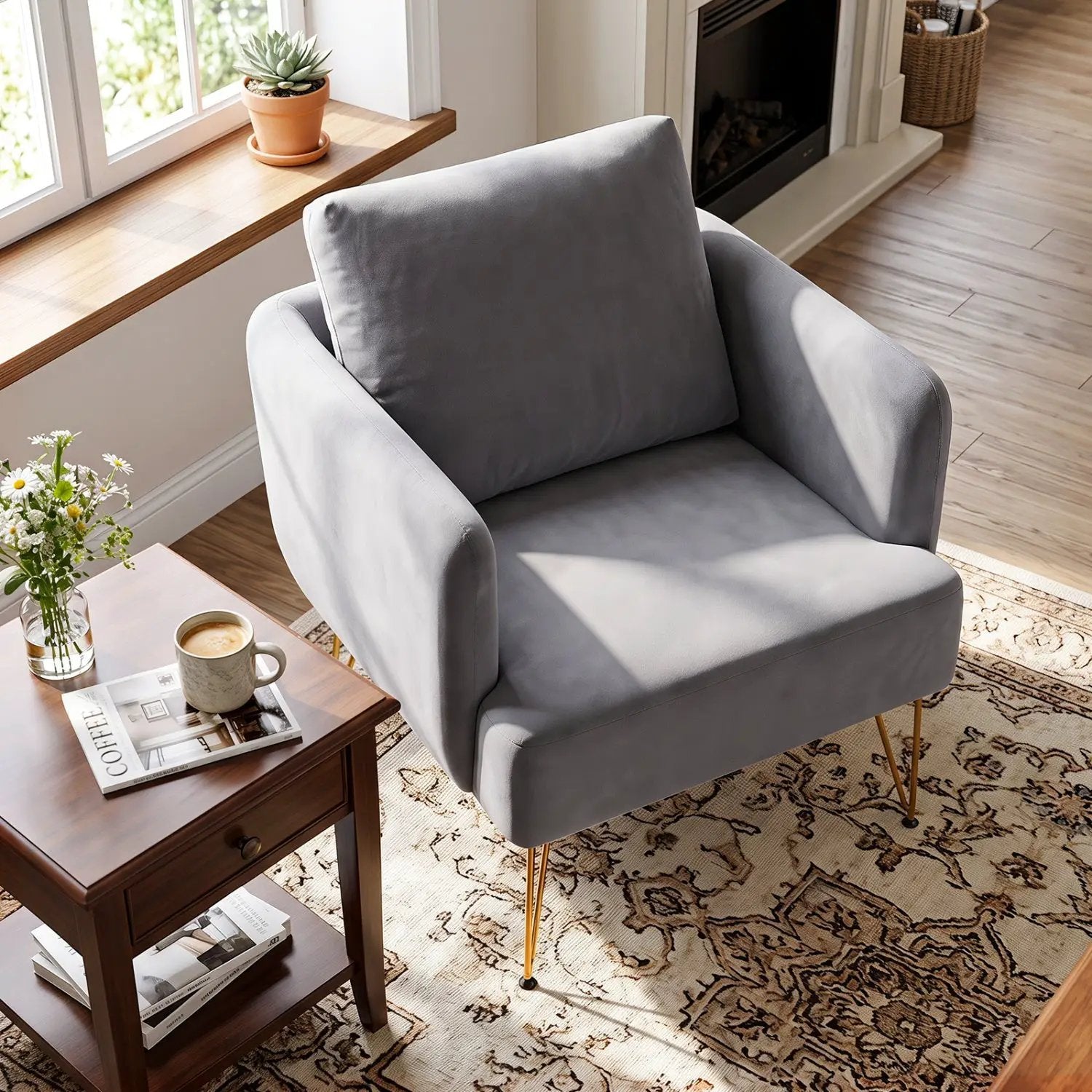 Velvet Accent Chair with Back Cushion and Golden Metal Legs by DirectDeals