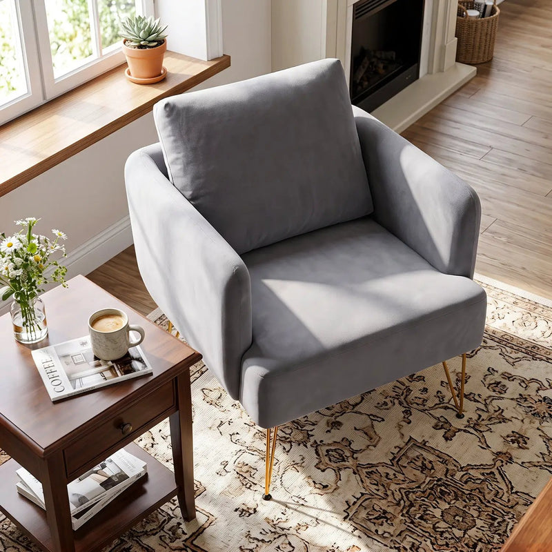 Velvet Accent Chair with Back Cushion and Golden Metal Legs by DirectDeals