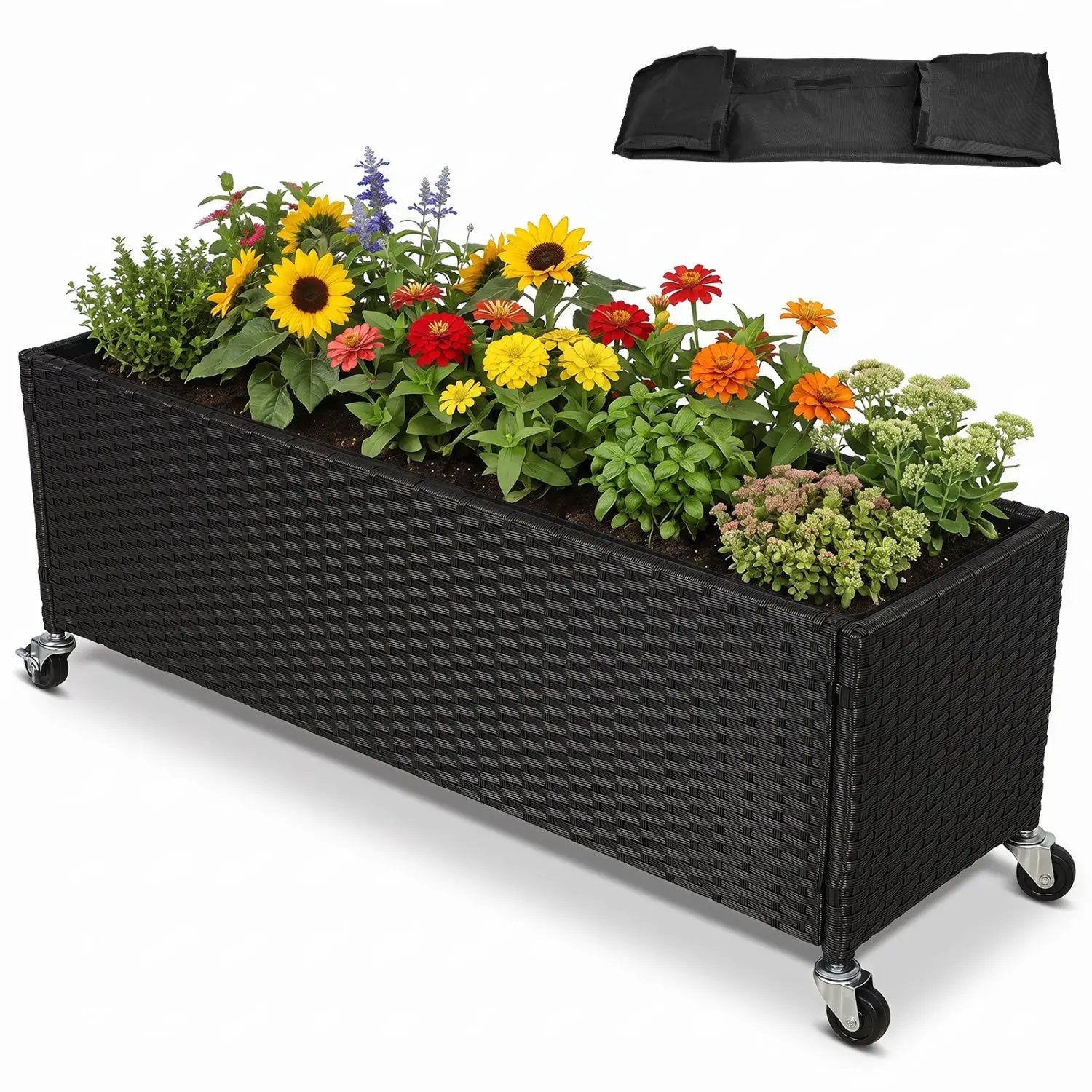 Raised Garden Bed with Wheels - PE Rattan Planter Box by DirectDeals
