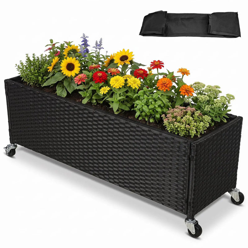 Raised Garden Bed with Wheels - PE Rattan Planter Box by DirectDeals