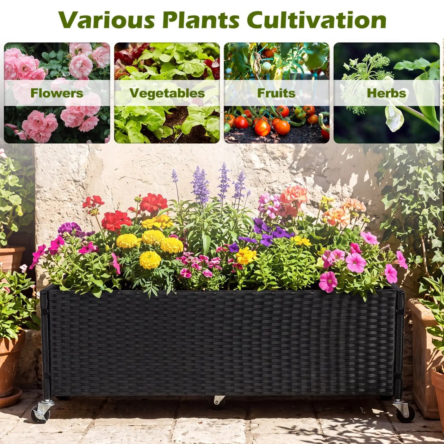 Raised Garden Bed with Wheels - PE Rattan Planter Box by DirectDeals