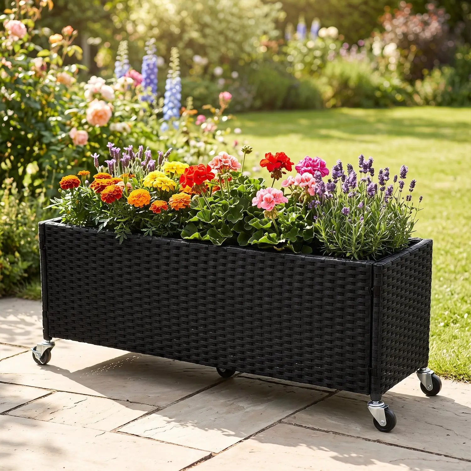 Raised Garden Bed with Wheels - PE Rattan Planter Box by DirectDeals