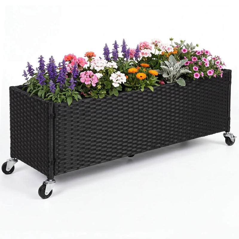 Raised Garden Bed with Wheels - PE Rattan Planter Box by DirectDeals