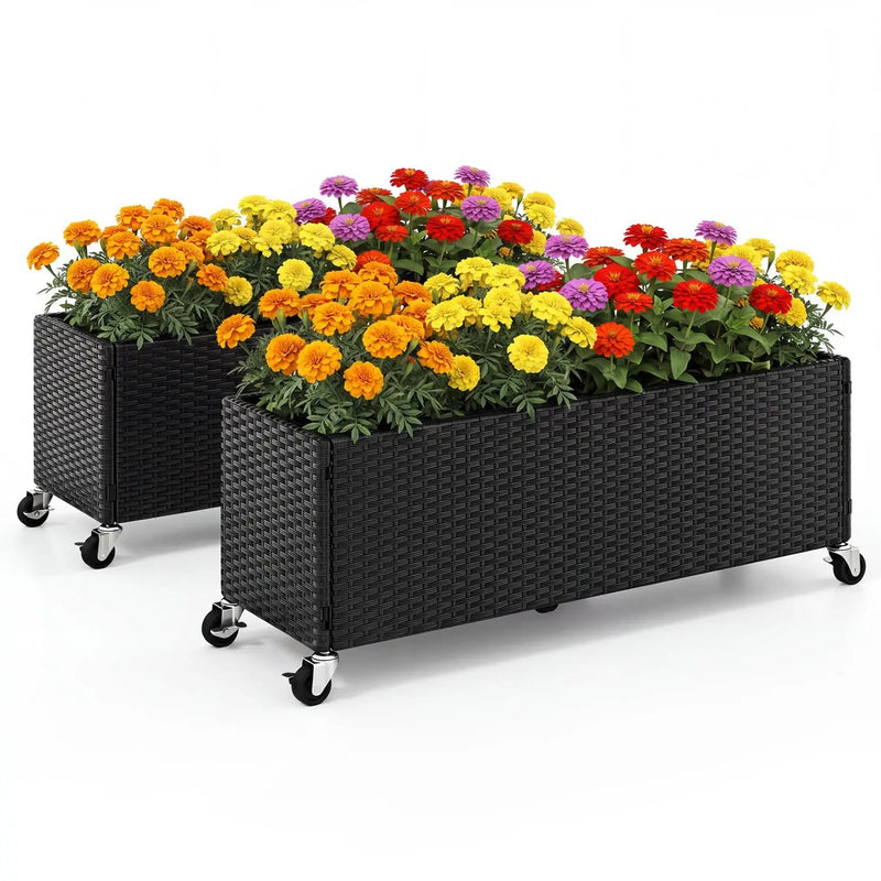 Raised Garden Bed Set of 2 with Wheels and PE Rattan by DirectDeals