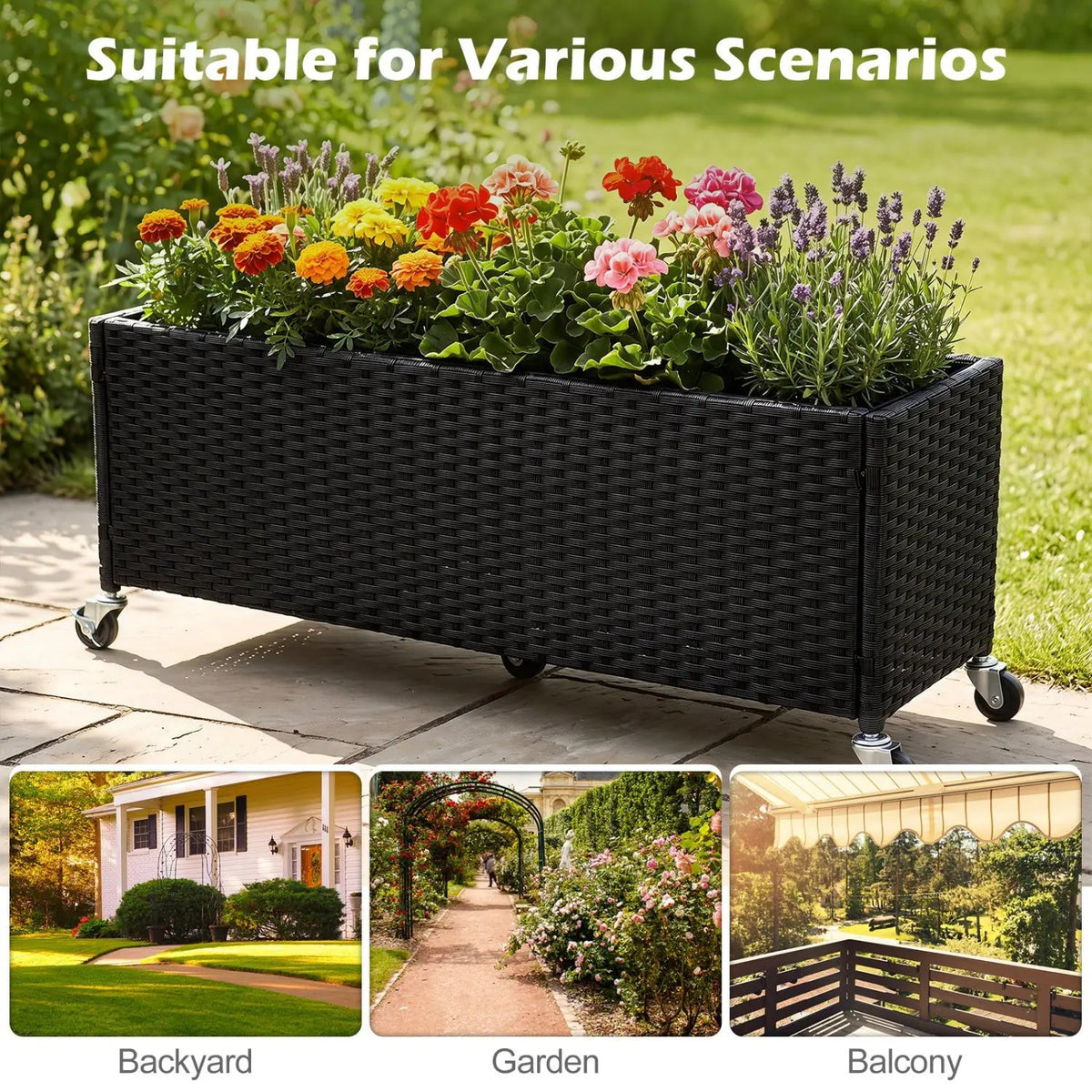 Raised Garden Bed Set of 2 with Wheels and PE Rattan by DirectDeals