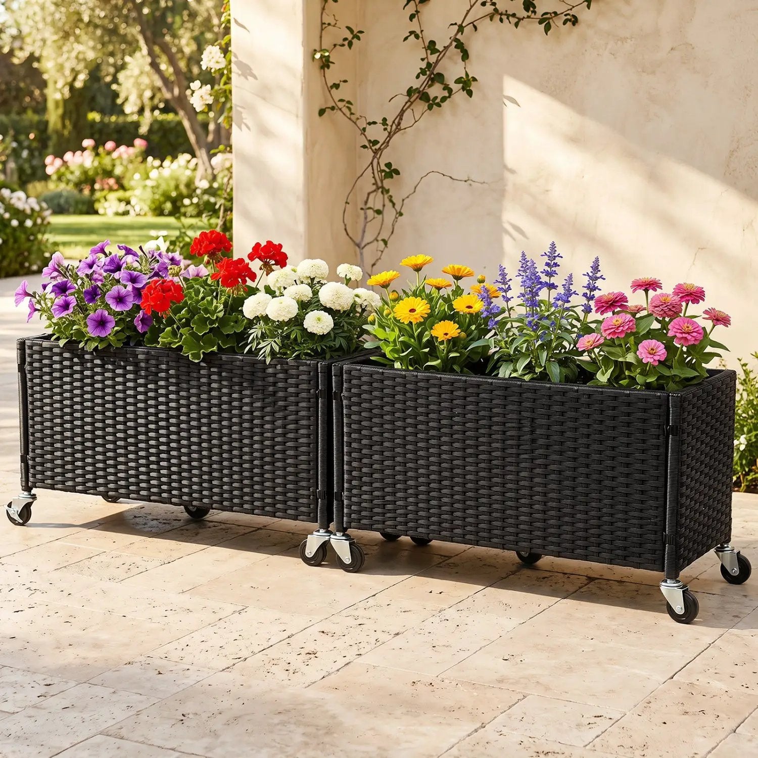 Raised Garden Bed Set of 2 with Wheels and PE Rattan by DirectDeals