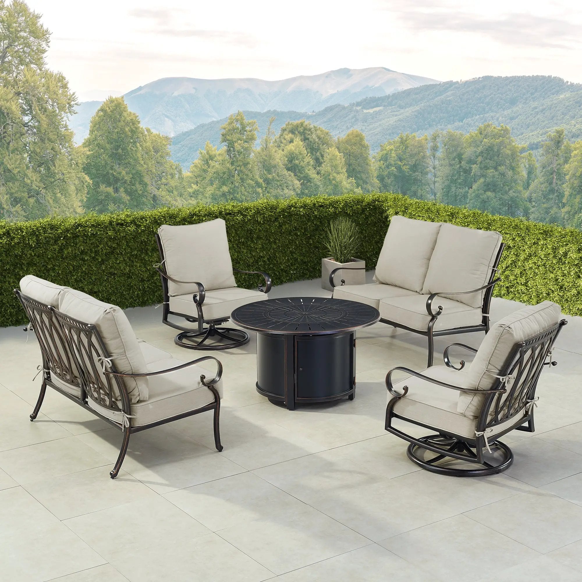 Black Aluminum Fire Table Set with Two Loveseats and Two Club Chairs by Sharicks