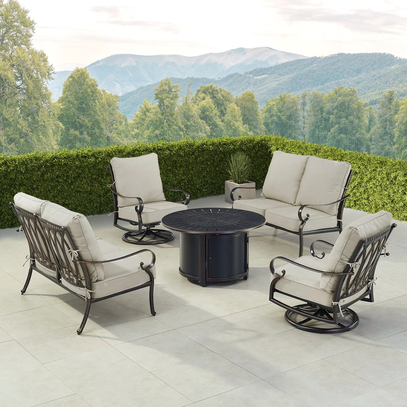 Black Aluminum Fire Table Set with Two Loveseats and Two Club Chairs by Sharicks