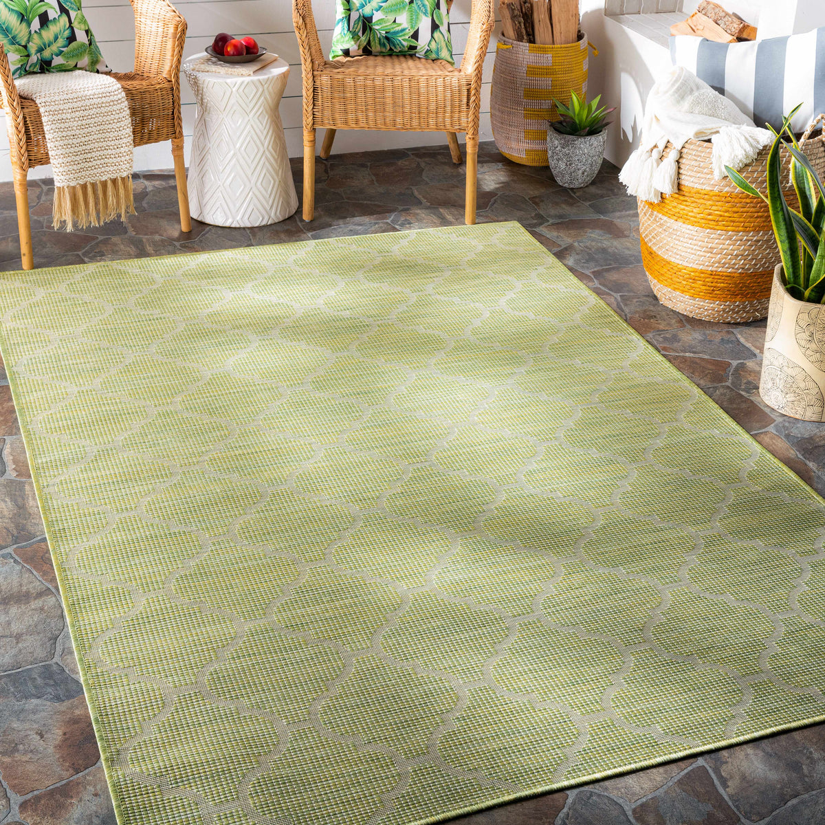 Unique Outdoor Trellis Area Rug, Olive Green - Clearance, installed in a room
