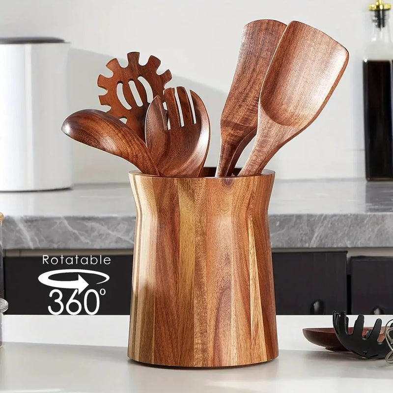 Utensil Holder - Multiple Compartments Acacia Wood by House Of Avana