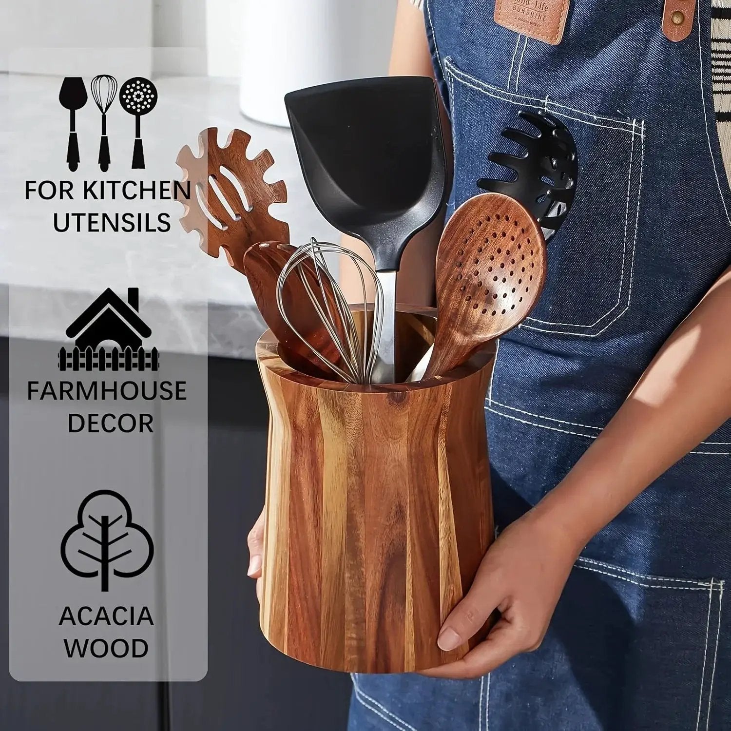 Utensil Holder - Multiple Compartments Acacia Wood by House Of Avana