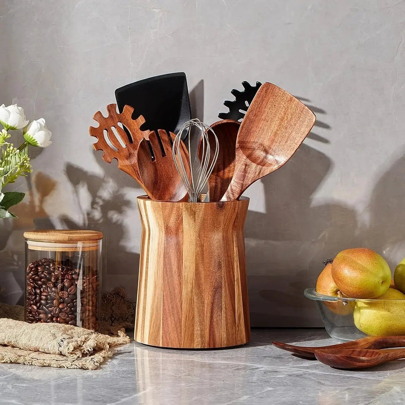Utensil Holder - Multiple Compartments Acacia Wood by House Of Avana