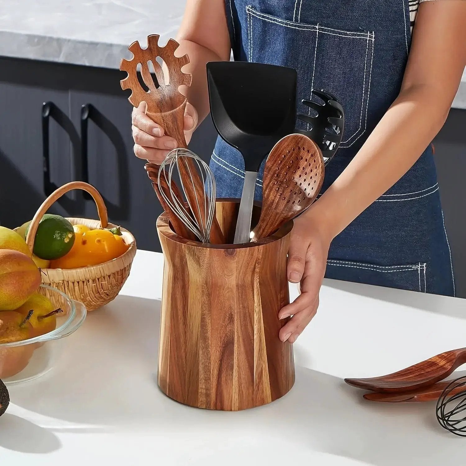Utensil Holder - Multiple Compartments Acacia Wood by House Of Avana
