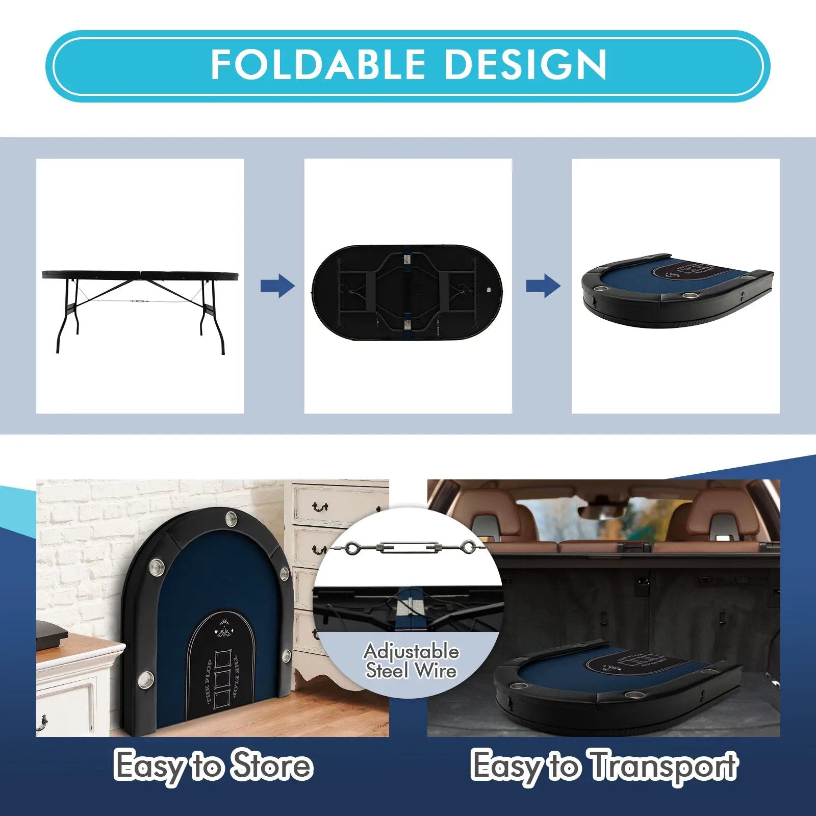 Foldable 10-Player Poker Table with LED Lights and USB Ports Ideal for Texas Casino by DirectDeals