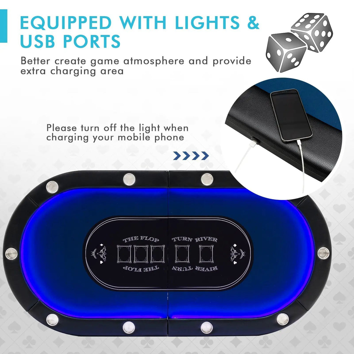 Foldable 10-Player Poker Table with LED Lights and USB Ports Ideal for Texas Casino, photo 15 of 16