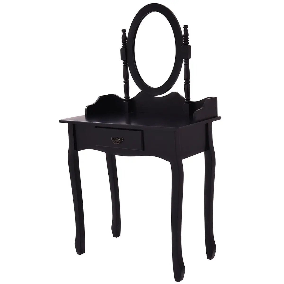 Wooden Vanity Makeup Set with Cushioned Stool and Oval Rotating Mirror by DirectDeals