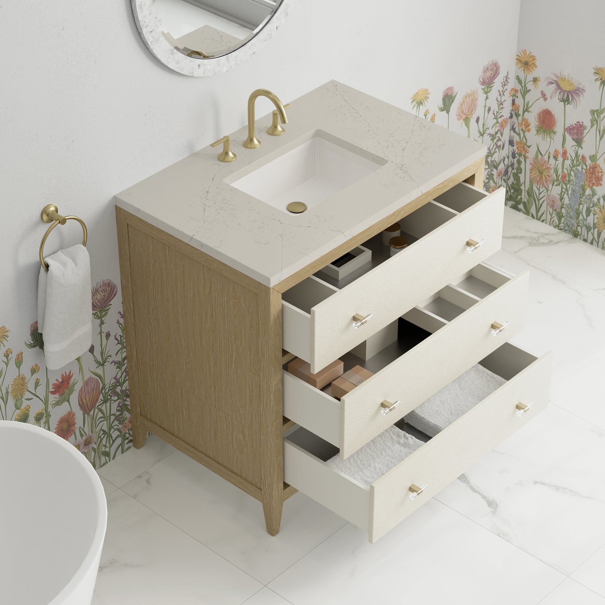 James Martin Celeste 36" Single Bathroom Vanity, Sunwashed Oak with Embossed Shagreen Drawer Fronts, view 37