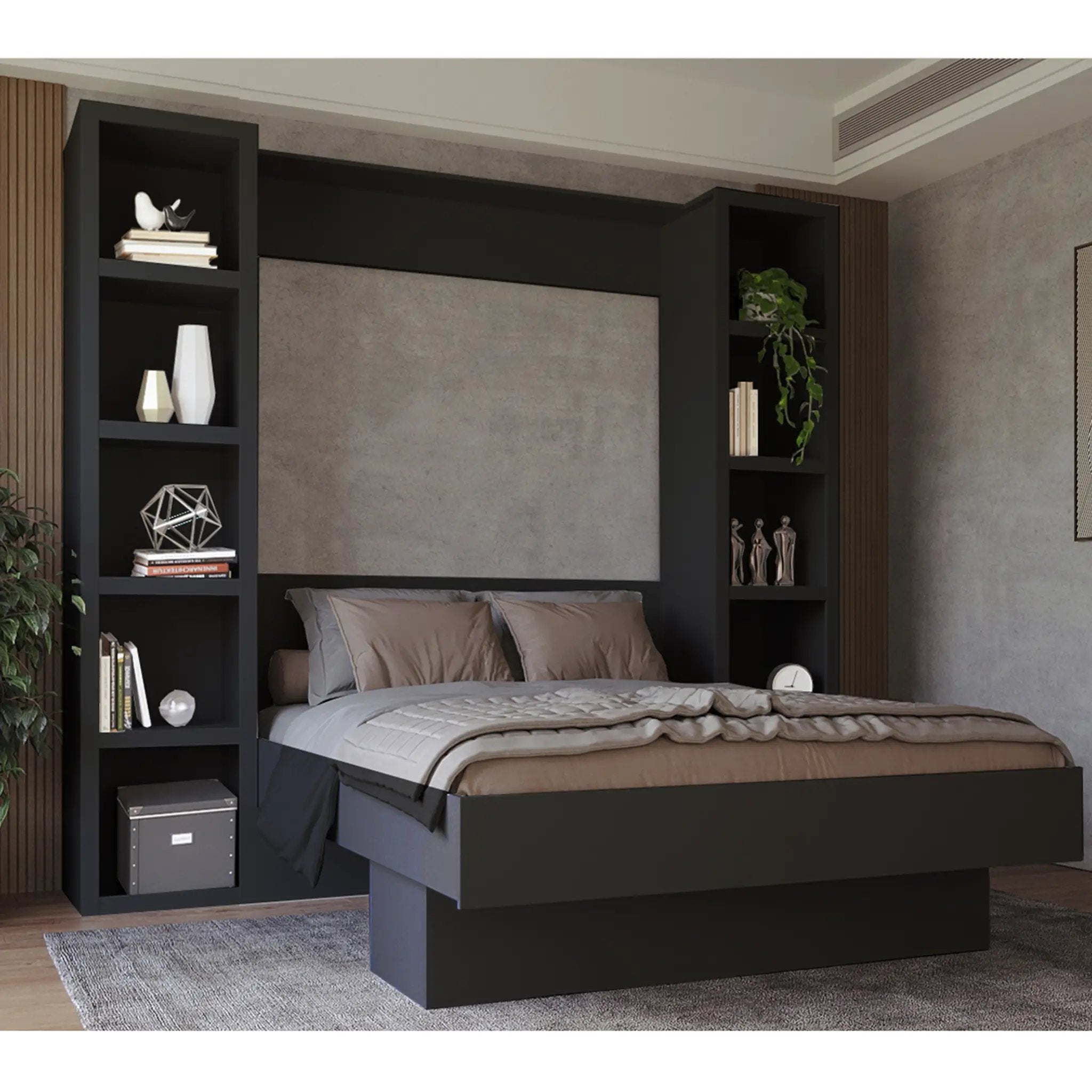 Easy-Lift Queen Murphy Wall Bed in Black with Two Bookshelves by Sharicks
