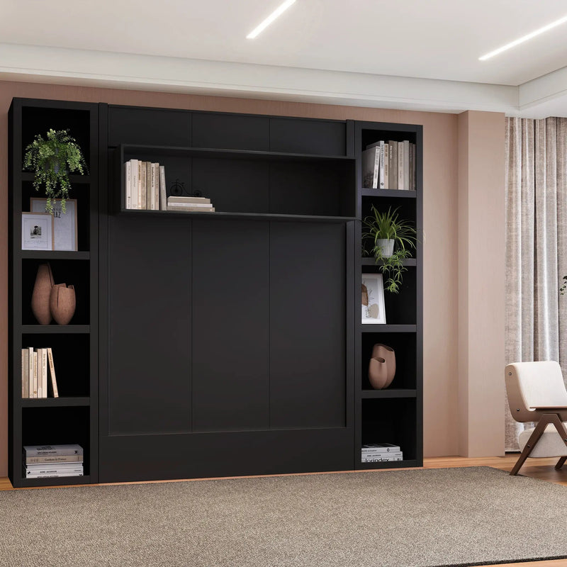 Easy-Lift Full Murphy Wall Bed in Black with Two Bookshelves by Sharicks