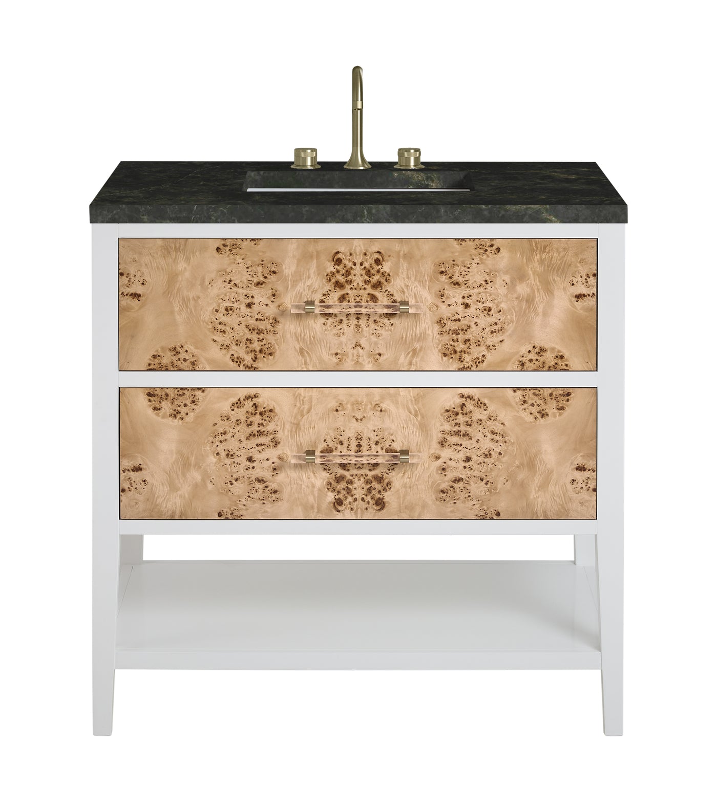 James Martin Olena 36" Single Bathroom Vanity, Polished White and Light Mappa Burl with Phantome countertop