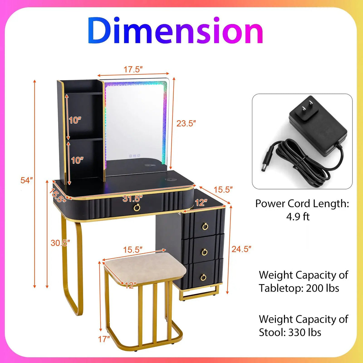 Vanity Table Set with RGB LED Lights and Wireless Charging Station, photo 5 of 9