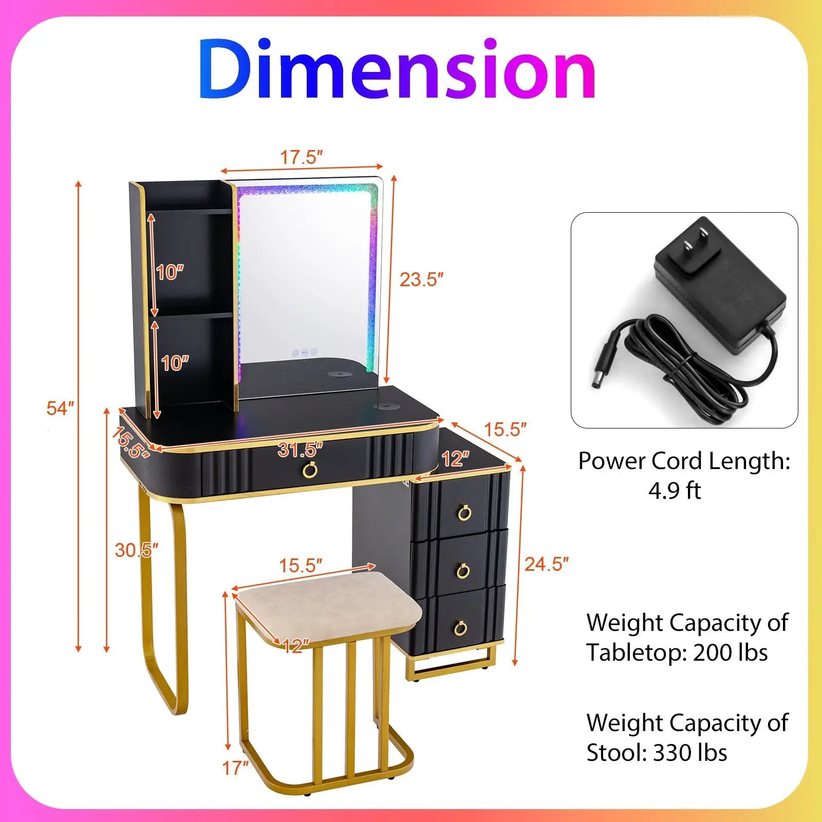 Vanity Table Set with RGB LED Lights and Wireless Charging Station by DirectDeals