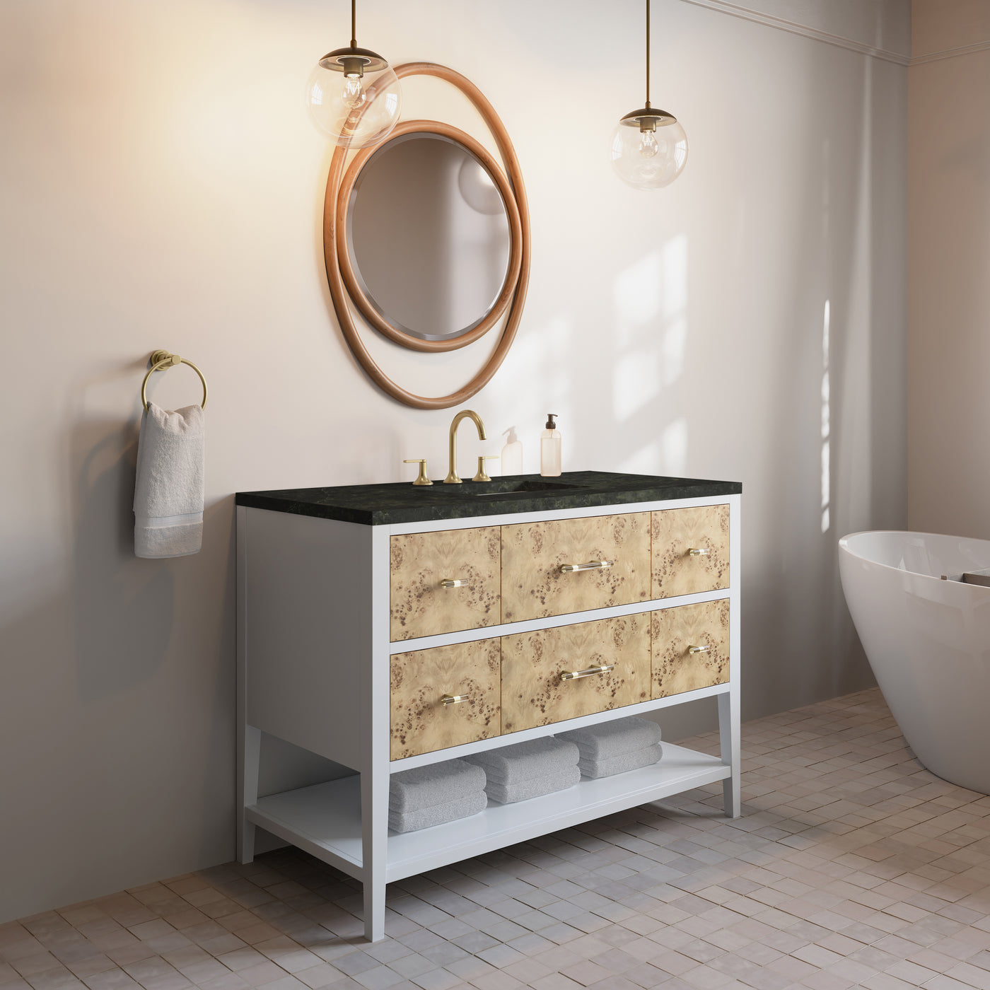 James Martin Olena 48" Single Bathroom Vanity, Polished White and Light Mappa Burl, view 34