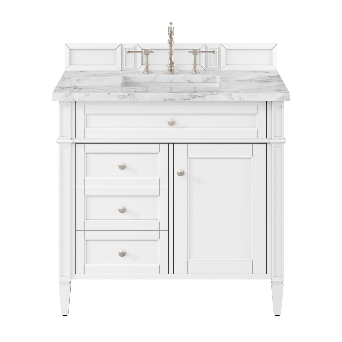James Martin Brittany 36" Single Bathroom Vanity, Bright White with Carrara White countertop