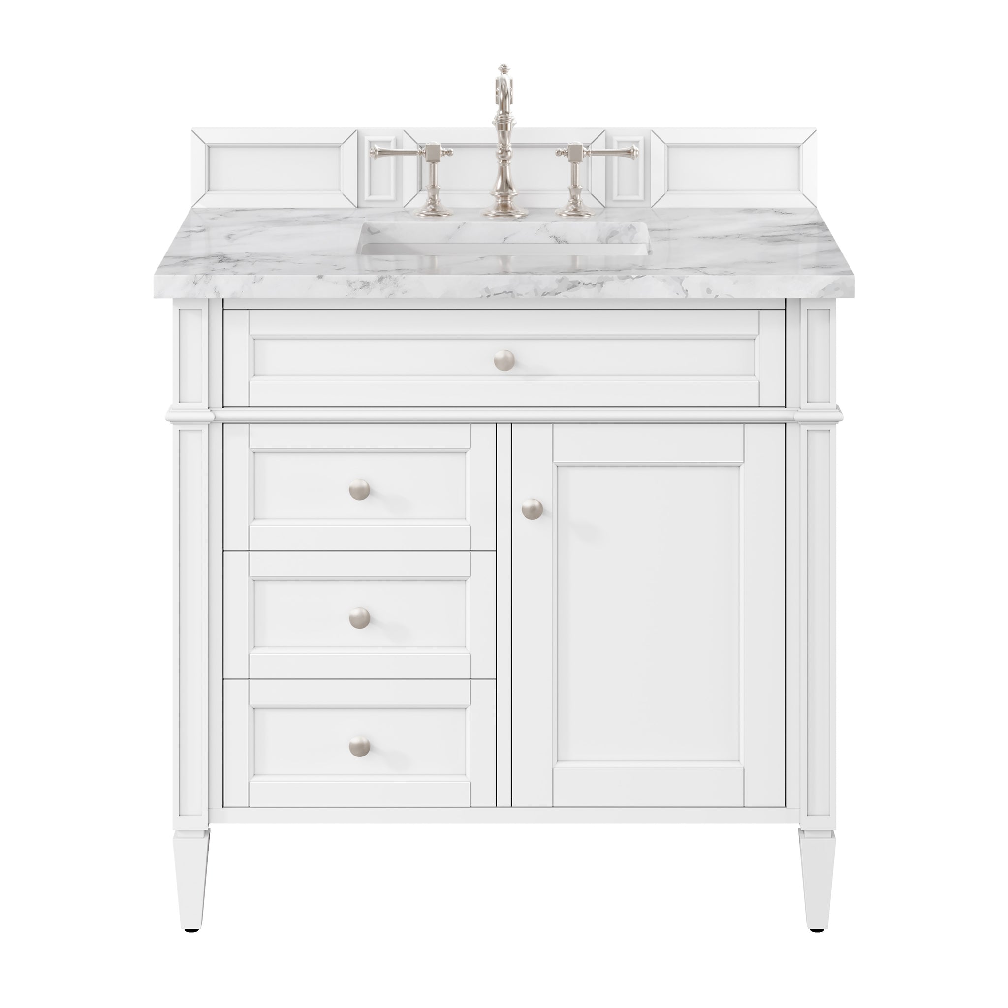 James Martin Brittany 36" Single Bathroom Vanity, Bright White with Carrara White countertop
