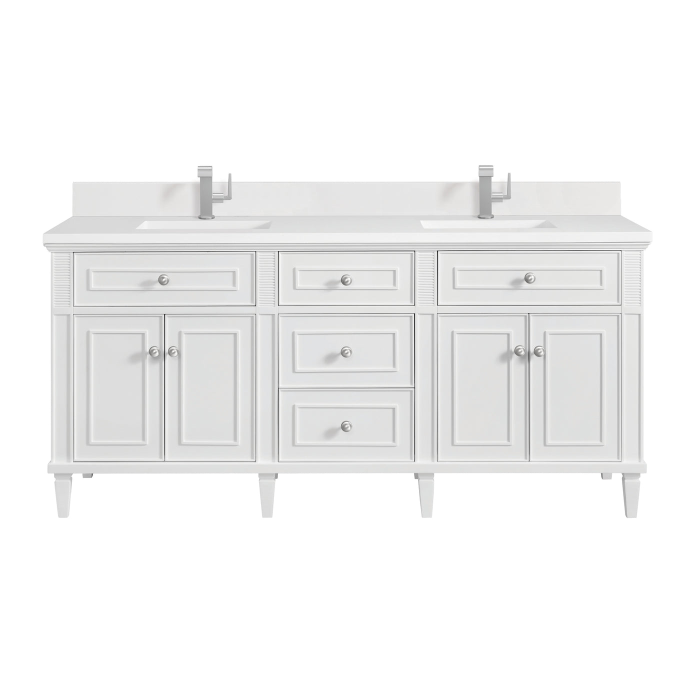 James Martin Lorelai 72" Double Bathroom Vanity, Bright White with White Zeus (Single Hole, with Backsplash) countertop