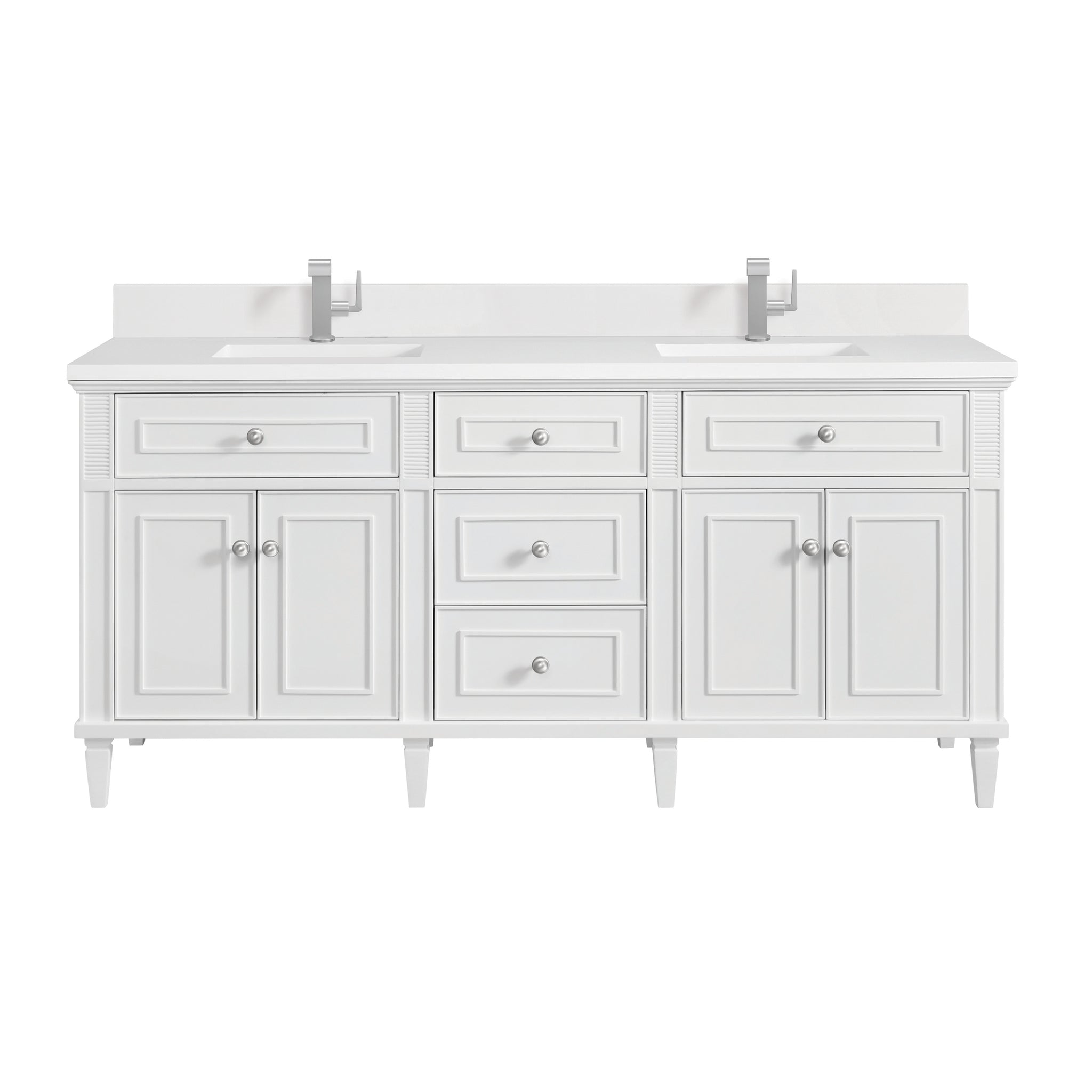 James Martin Lorelai 72" Double Bathroom Vanity, Bright White with White Zeus (Single Hole, with Backsplash) countertop