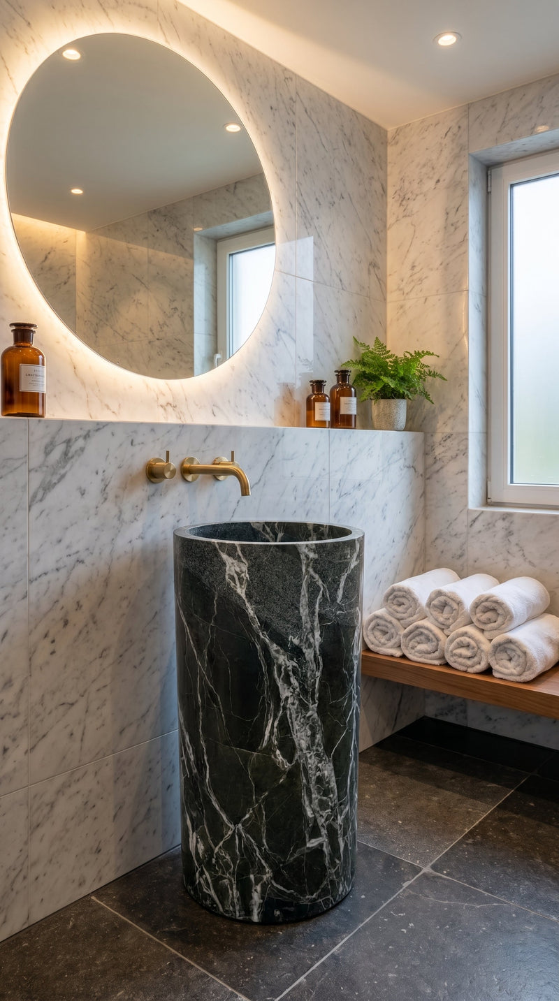 Verde Antico Marble Freestanding Column Pedestal Sink D16xH34 by GobekDesign