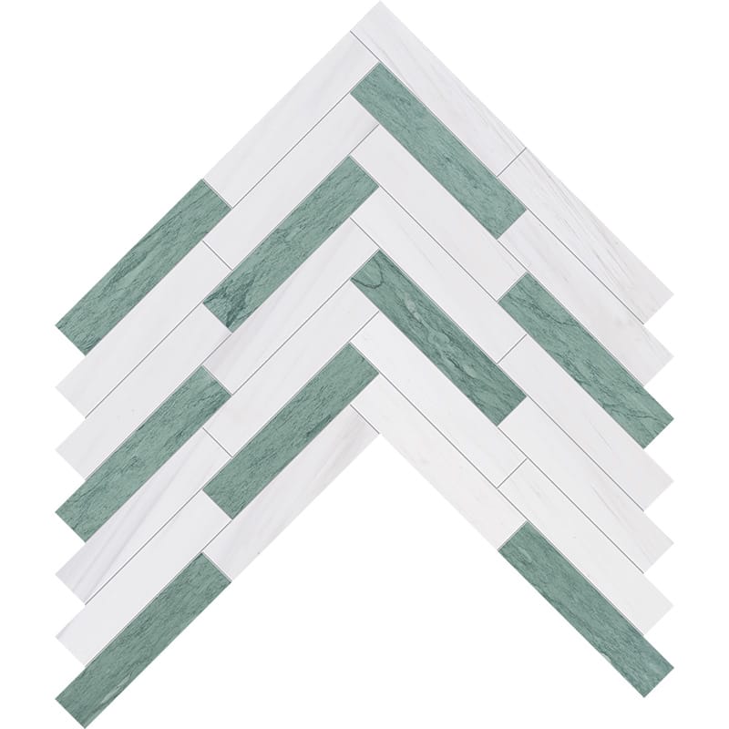 Verde, Bianco Dolomiti Honed Large Herringbone Marble Mosaics 12 7/8x8 9/16 Marble Honed 12x12 Mosaics