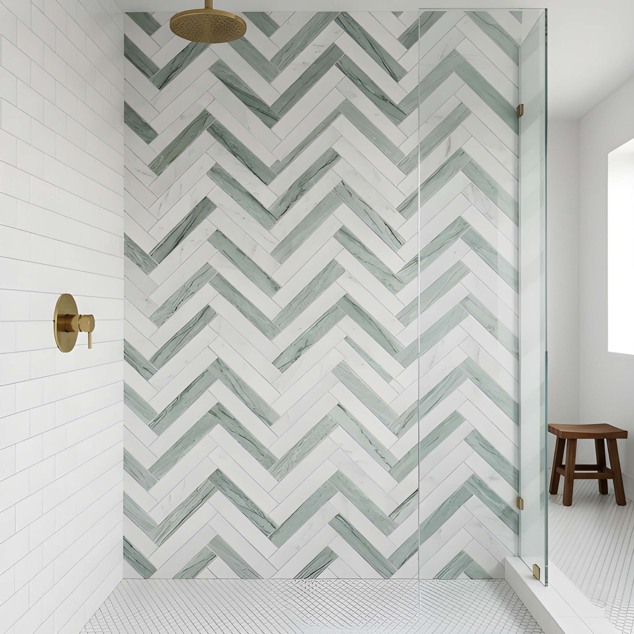 Verde, Calacata T Fine Textured Large Herringbone Marble Mosaics 12 7/8x8 9/16 Marble Fine Textured 12x12 Mosaics — 2