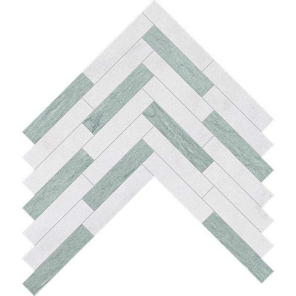 Verde, Calacata T Fine Textured Large Herringbone Marble Mosaics 12 7/8x8 9/16