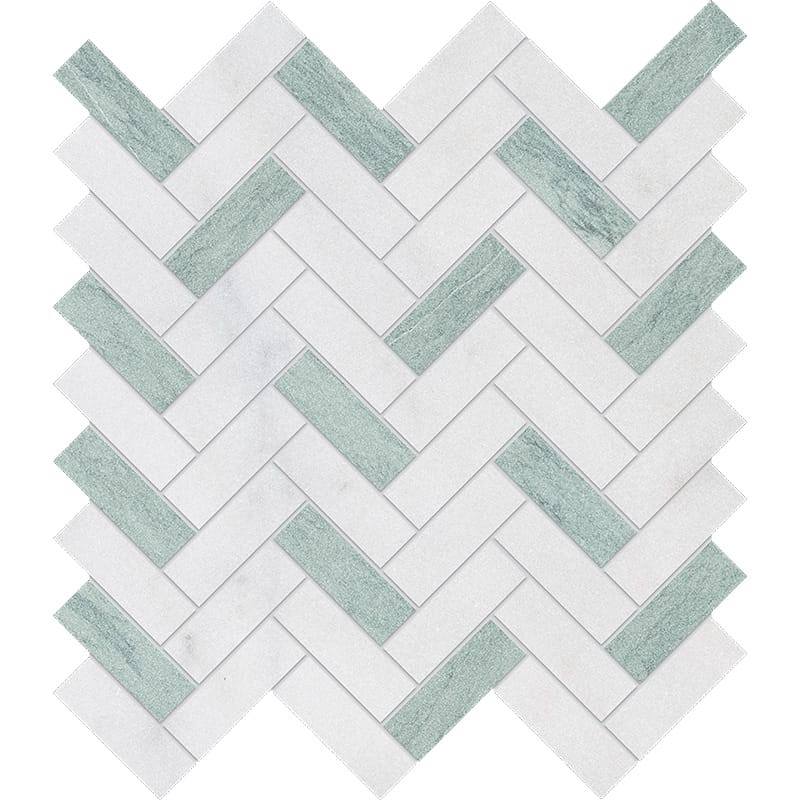 Verde, Calacatta T Fine Textured Herringbone Marble Mosaics 12 1/8x13 3/8 Marble Fine Textured 16x16 Mosaics