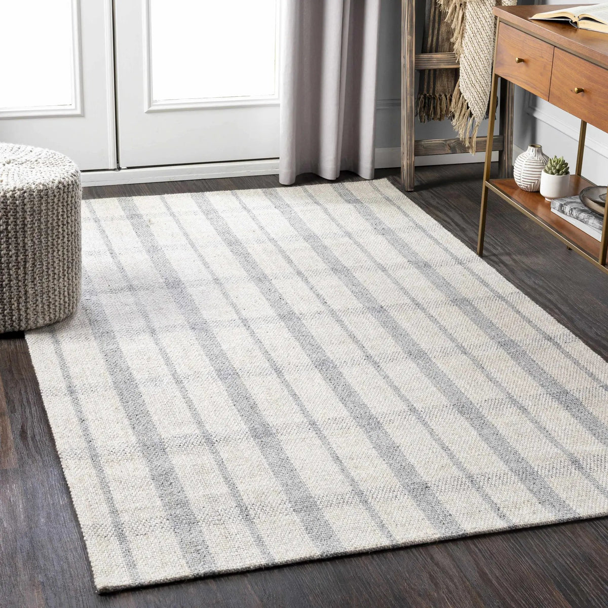Verdon Light Gray Plaid Rug, installed in a room
