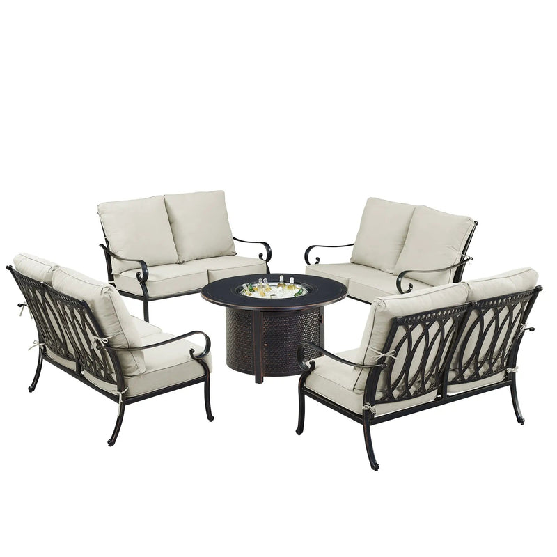 Black Aluminum Fire Table Set with Four Deep Seating Loveseats by Sharicks