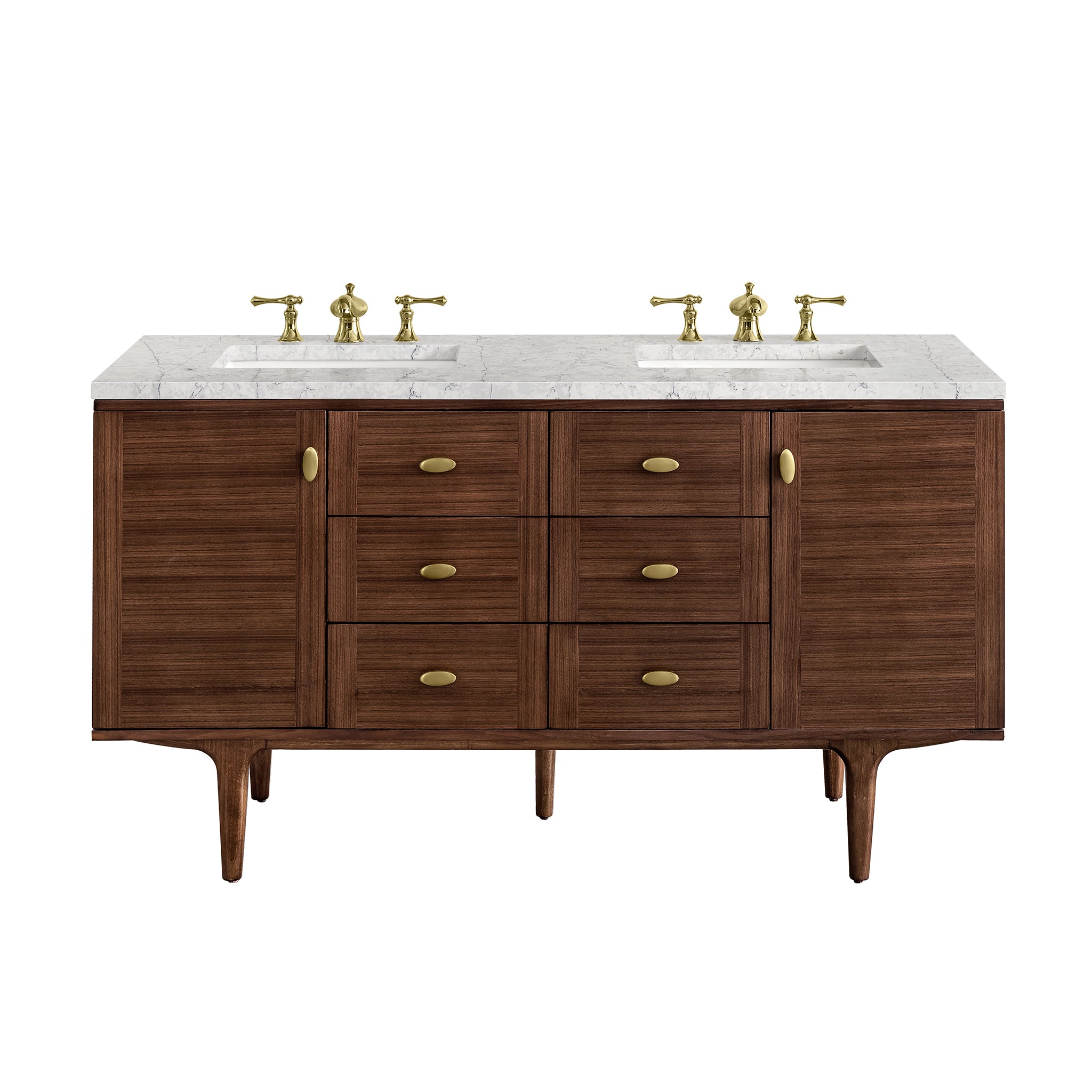 James Martin Amberly 60" Dual Mount Double Bathroom Vanity, Mid-Century Walnut with Eternal Jasmine Pearl (FreePower) countertop