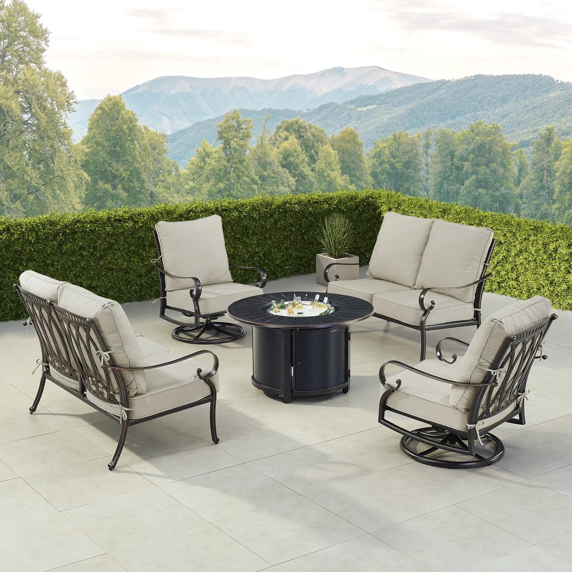 Black Aluminum Fire Table Set with Two Loveseats and Two Club Chairs by Sharicks