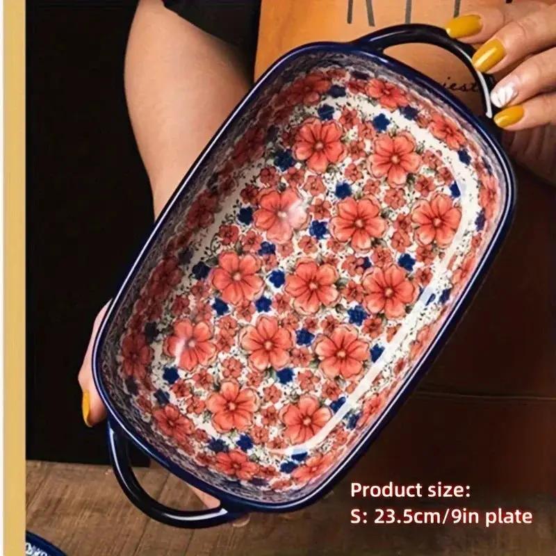 Vibrant Floral Embossed 1pc Polish Ceramic Baking Dish - 9"x5.3" Rectangular Plate with Dual Handles for Lasagna, Salads & Cheese Bakes - Durable Hand-Painted Design for Home Cooking by House Of Avana