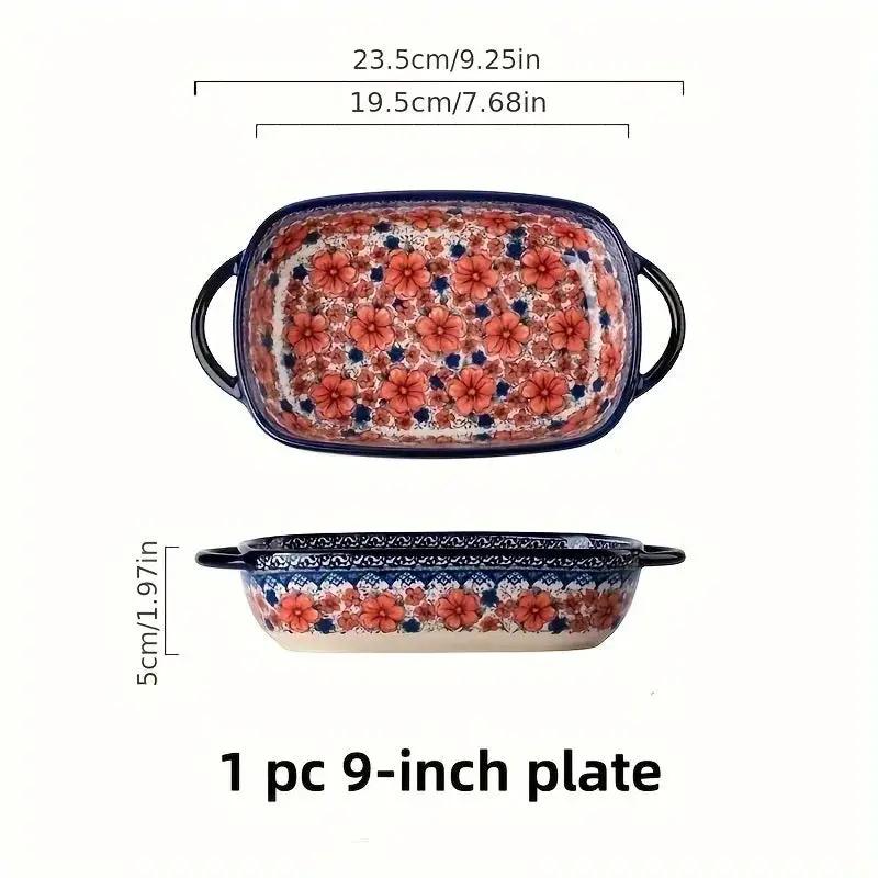 Vibrant Floral Embossed 1pc Polish Ceramic Baking Dish - 9"x5.3" Rectangular Plate with Dual Handles for Lasagna, Salads & Cheese Bakes - Durable Hand-Painted Design for Home Cooking by House Of Avana