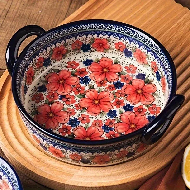 Vibrant Floral Embossed 1pc Polish Ceramic Baking Dish - 9"x5.3" Rectangular Plate with Dual Handles for Lasagna, Salads & Cheese Bakes - Durable Hand-Painted Design for Home Cooking by House Of Avana