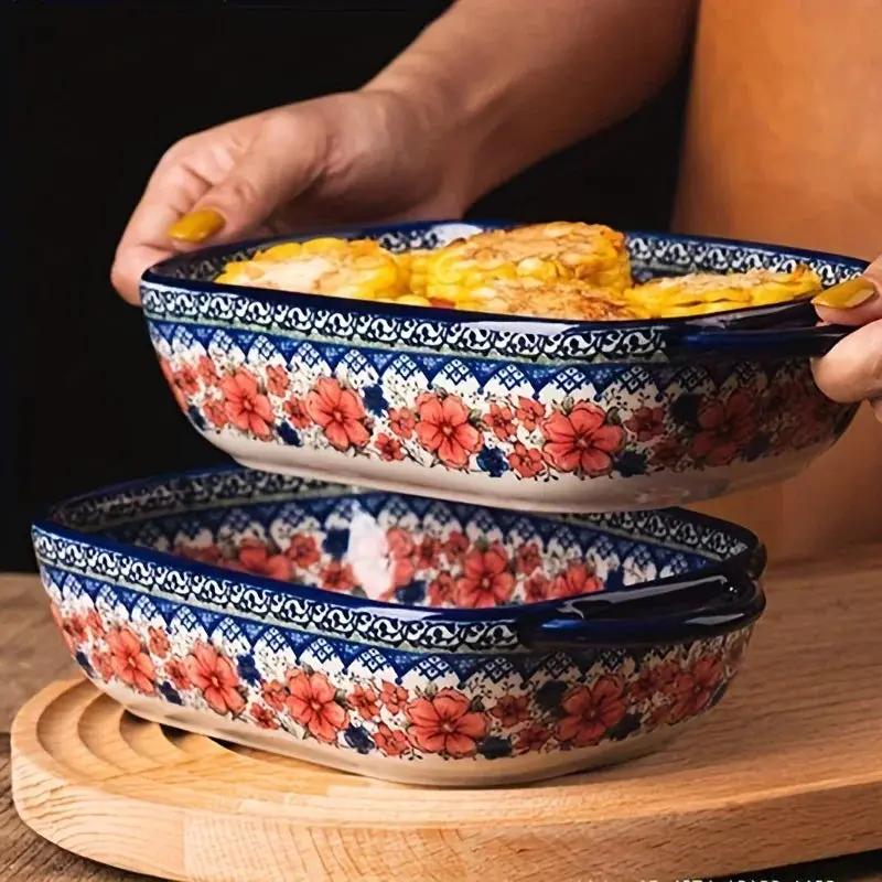 Vibrant Floral Embossed 1pc Polish Ceramic Baking Dish - 9"x5.3" Rectangular Plate with Dual Handles for Lasagna, Salads & Cheese Bakes - Durable Hand-Painted Design for Home Cooking by House Of Avana