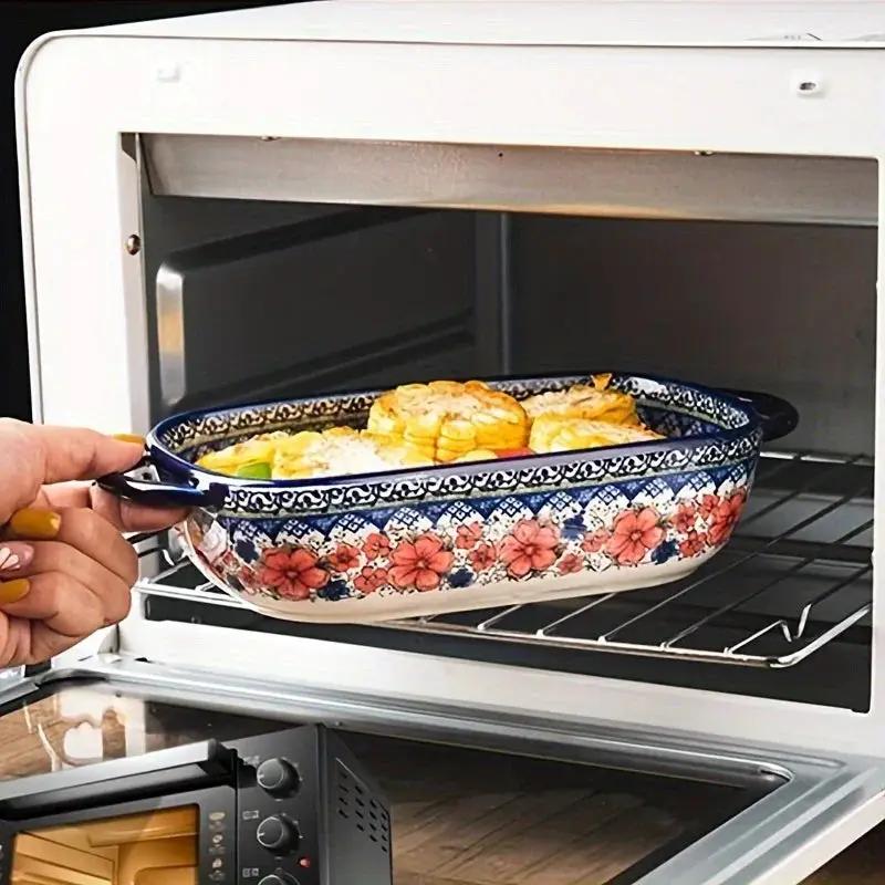 Vibrant Floral Embossed 1pc Polish Ceramic Baking Dish - 9"x5.3" Rectangular Plate with Dual Handles for Lasagna, Salads & Cheese Bakes - Durable Hand-Painted Design for Home Cooking by House Of Avana