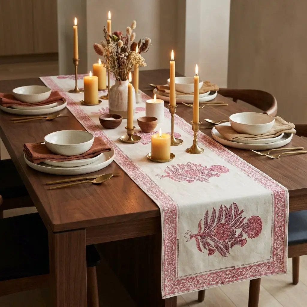 Vintage Magenta & Cream Table Linen Set – 13 Piece | Hand Block Printed Cotton | Runner, Placemats & Napkins by House Of Avana
