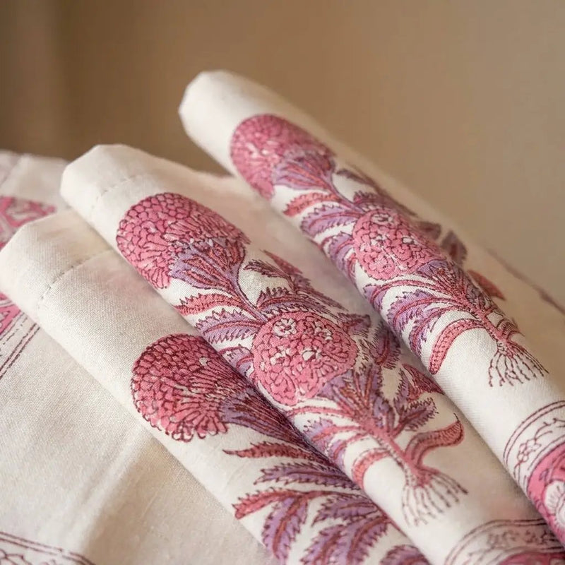 Vintage Magenta & Cream Table Linen Set – 13 Piece | Hand Block Printed Cotton | Runner, Placemats & Napkins by House Of Avana