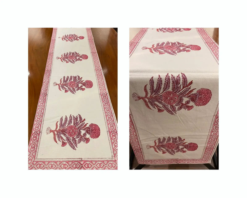 Vintage Magenta & Cream Table Linen Set – 13 Piece | Hand Block Printed Cotton | Runner, Placemats & Napkins by House Of Avana